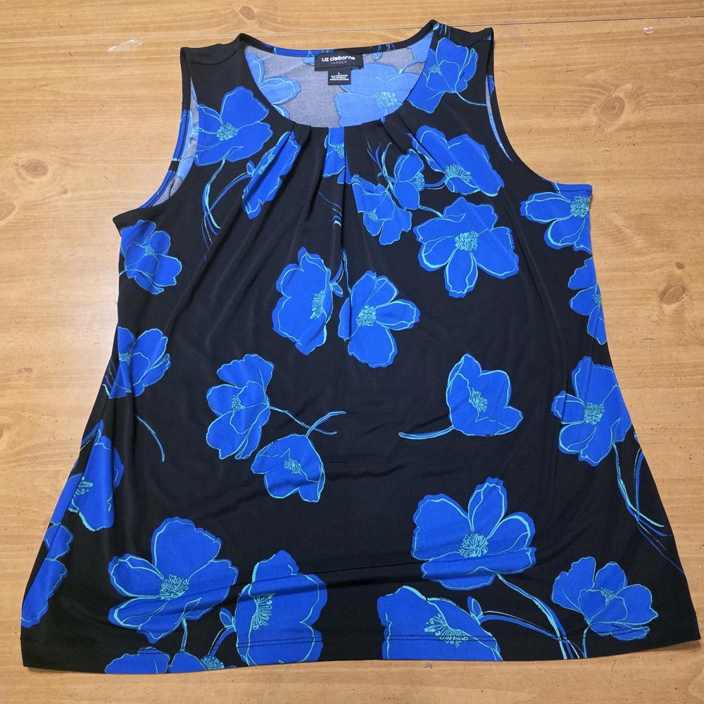 Liz Claiborne Black Tank Top with Bright Blue Floral Print